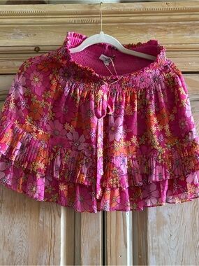 Ramy Brook Pink and Orange Floral Ruffled Mini Skirt